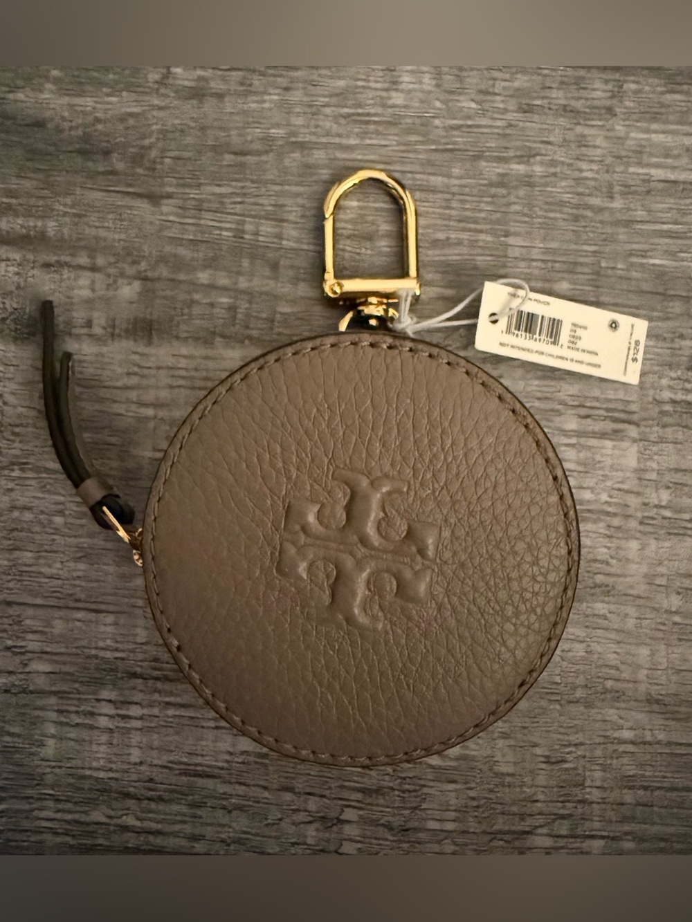 Tory Burch Round Embossed Leather Coin Pouch - Taupe with Gold Hardware